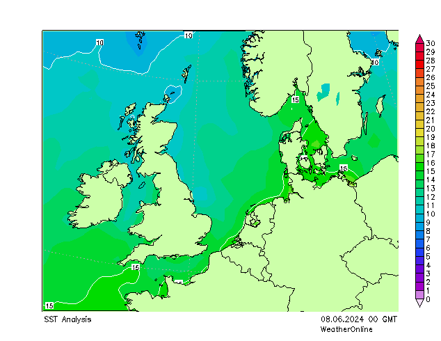 北海 SST 星期六 08.06.2024 00 UTC