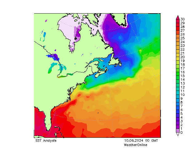 Atlantic Ocean SST 星期一 10.06.2024 00 UTC