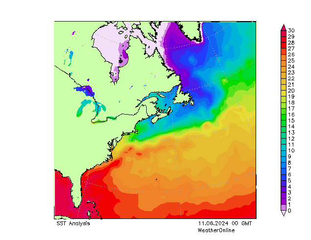 Atlantic Ocean SST 星期二 11.06.2024 00 UTC