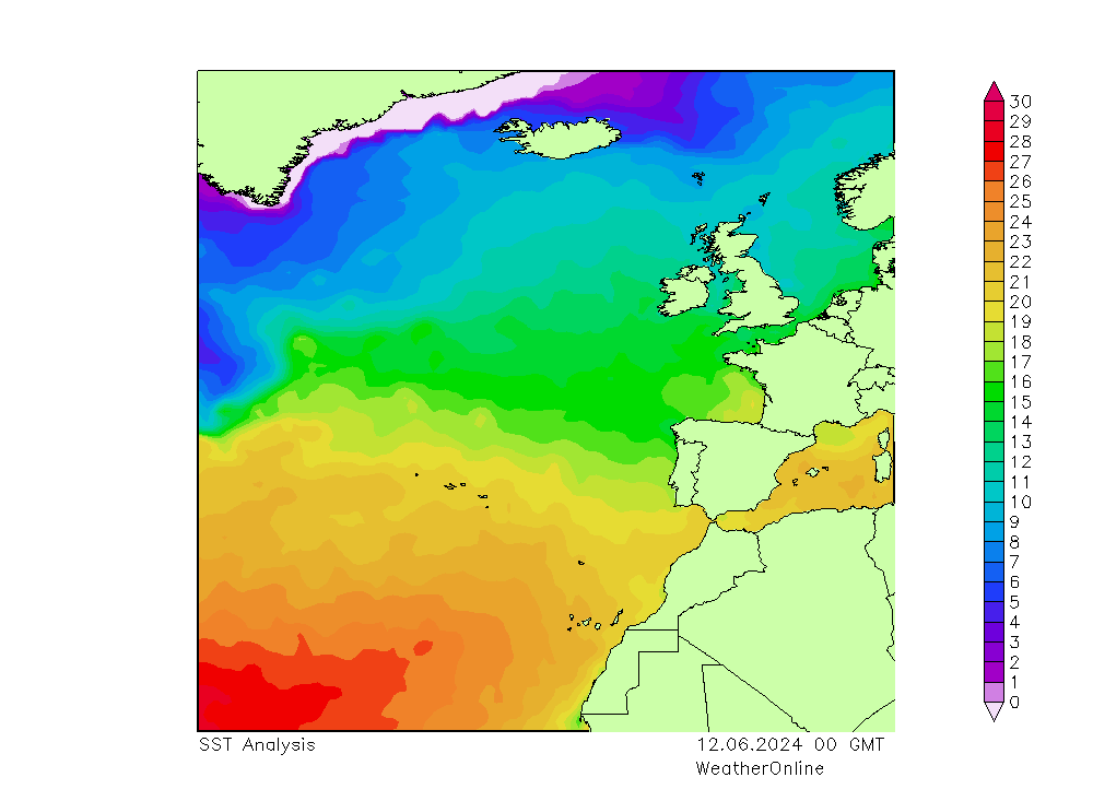 Atlantic Ocean SST 星期三 12.06.2024 00 UTC