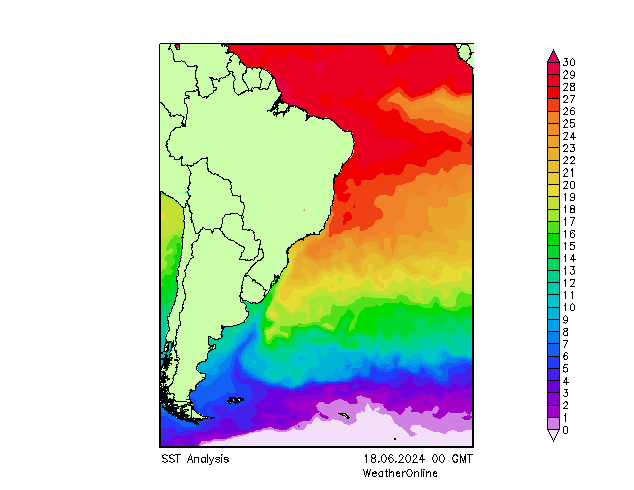 Atlantic Ocean SST 星期二 18.06.2024 00 UTC