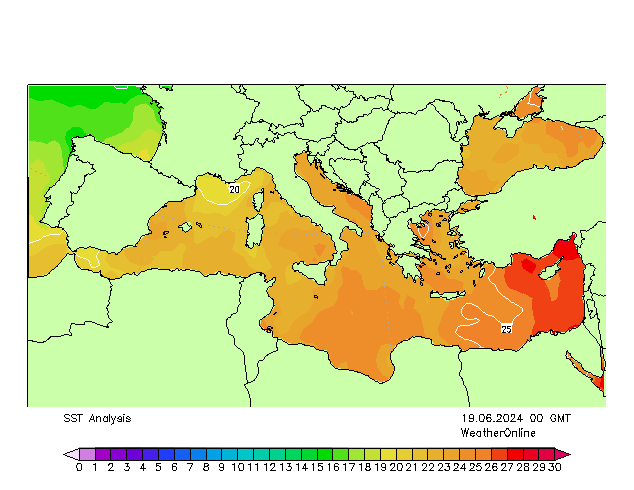 地中海 SST 星期三 19.06.2024 00 UTC