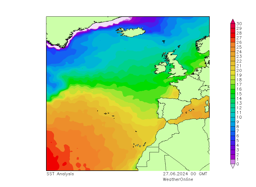 Atlantic Ocean SST 星期四 27.06.2024 00 UTC