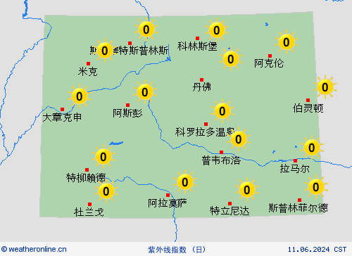 紫外线指数 科罗拉多州 北美洲 预报图