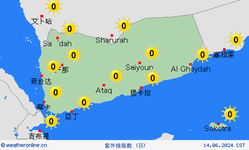 紫外线指数 也门 亚洲 预报图