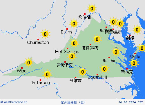 紫外线指数 弗吉尼亚州 北美洲 预报图